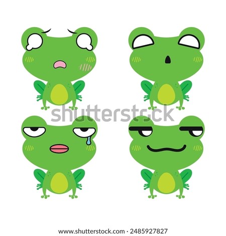 Vector set of cute green Frog emoji faces with various expressions. Isolated on white background