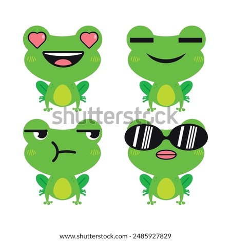 Vector set of cute green Frog emoji faces with various expressions. Isolated on white background