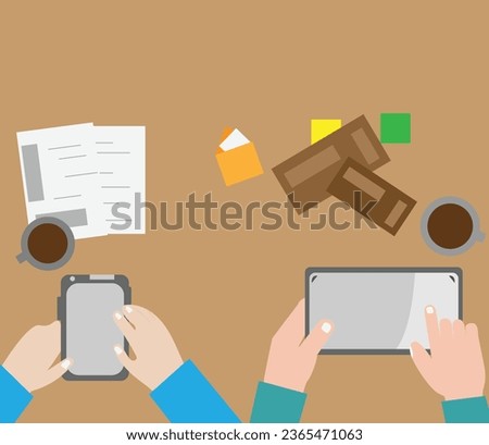 Human hands using smartphone with drinking coffee workplace desk background. top view angle flat vector illustration.
