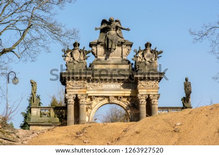 Old historic amazing neo-renaissance style cemetery portal in Horice in Czech republic, sunny day, blue sky Foto stock © 