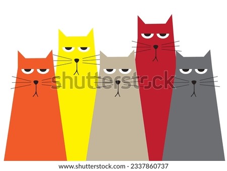 Group of five very unhappy bright colorful red orange yellow brown gray angry cats expecting foot for too long time, terrible expression