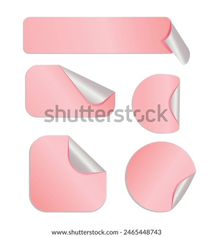 Curled pages and stickers. Round, square and rectangle flipped paper page, sticky banners with curled edges. Set of color round and oval adhesive stickers with folded edges