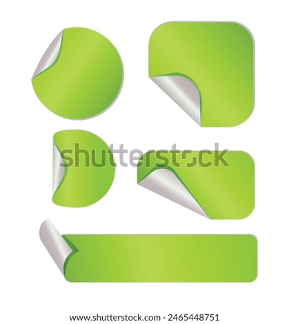 Curled pages and stickers. Round, square and rectangle flipped paper page, sticky banners with curled edges. Set of color round and oval adhesive stickers with folded edges