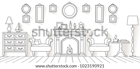 Vector living room in outline style. Linear interior with furniture and fireplace.