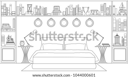 Linear bedroom. Vector illustration. Sketch of a bedroom with furniture racks and books.