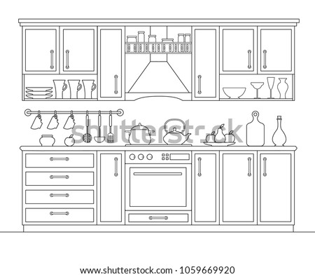 Kitchen interier in outline style. Vector linear illustration. Plan of the room with furniture.