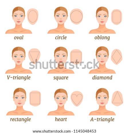 Set of different face shapes. Vector illustration. Forms of female faces. Portrait with a scheme.