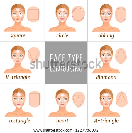 Contouring for different face shapes. Vector makeup guide. A set of female faces with contouring. How to contour and highlight different types of faces.