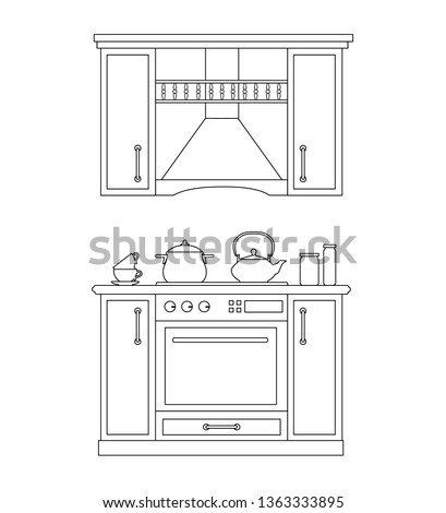 Kitchen in outline style. Vector linear illustration. Sketch