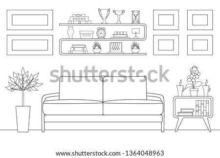 Linear illustration of a waiting room. Vector schematic interior template. Outline style reception.
