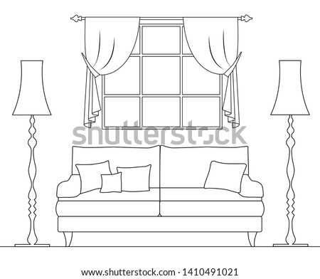 Schematic interior drawn in thin lines. Drawing of a room with a sofa window and torches. Line art of living room.