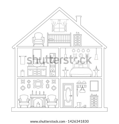 Outline style house. Linear model of the cottage in section. The layout of the rooms in the house. Vector drawing with thin lines.