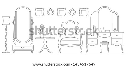 Dressing room in outline style. Interior room with mirror vanity makeup and accessories. Linear girls room. Vector illustration.