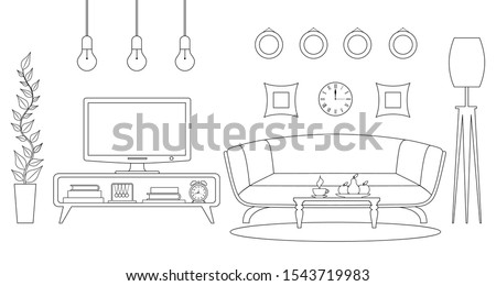 A room with a TV and furniture. Vector interior in outline style. Television area.