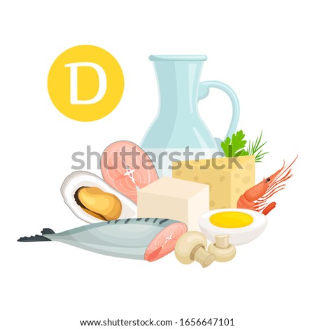 Content of vitamins D in various foods. Information banner on the theme of healthy eating and diet. Vector illustration in cartoon style. A set of products containing vitamin D. Photo stock © 