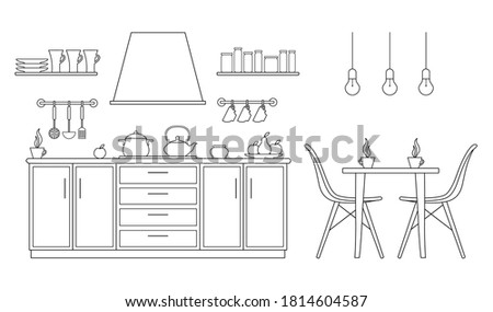 Outline interior. Kitchen and dining room with furniture in a linear style. Vector illustration isolated on white. Floor plan of the room. The theme of interior design, furniture layout planning.