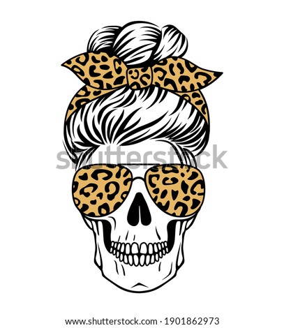 Female skull with aviator glasses bandana and leopard print. Mom skull with messy bun. Vecto illustration. Sugar skull with cheetah pattern.