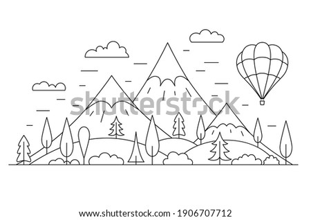 Outline landscape with mountain, trees, volcano, balloon, field. Nature line illustration. Vector outdoor desidn. Environment concept.