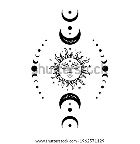 Sun moon vector silhouette design. Boho sun with face surrounded by crescent moon and moon phases. Vector monochrome illustration. Symbols of magic, mysticism and alchemy.