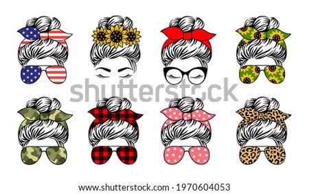 Messy bun set designs. Mom life vecto print. A collection of female faces in aviator sunglasses and bandanas with various themed patterns.