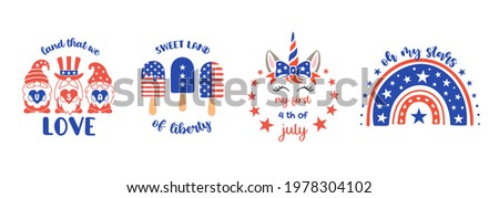 Set of childrens patriotic illustrations. Cute vector prints for 4th of July. Independence day design elements in the colors of the US national flag. Baby, kids patriotic designs.