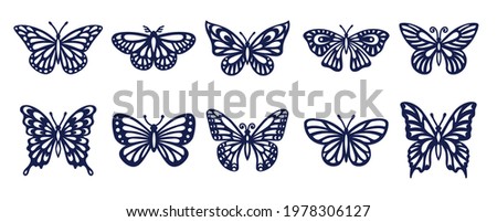 Butterfly silhouette set. Vector monochrome illustration isolated on white background. Various moths. Decorative design elements.