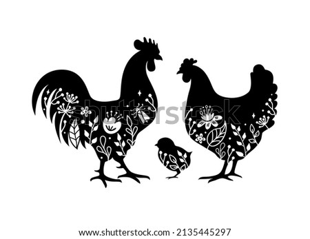 Chicken, rooster and chick silhouette with floral decorations. Retro farm sign. Spring farmhouse symbol. Coop vector emblem.