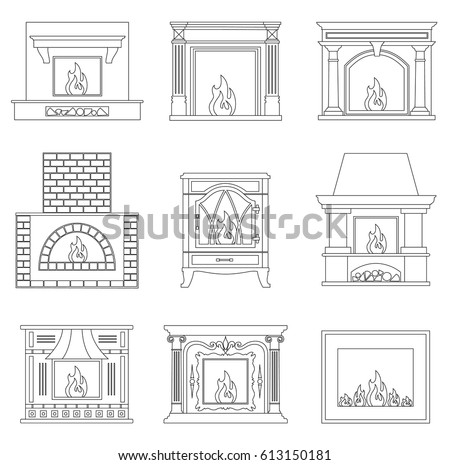 Contour fireplace. Icons of different fireplace in outline style. Vector illustration.