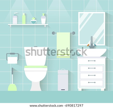 Interior toilet in a flat style. Vector illustration. WC with furniture.