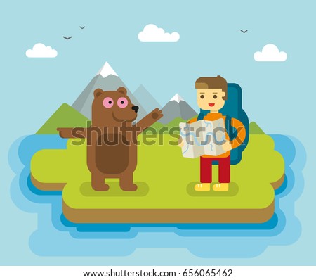 tourism kamchatka rock grass tree clouds sea lake map tourist bear in the mountain kamchatka background wallpaper flat illustration wildlife health traveling photograph