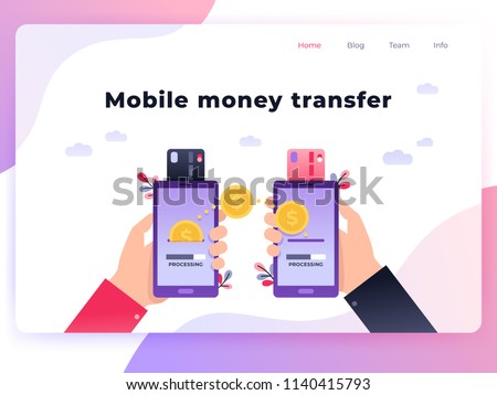 Cool ultraviolet vector contactless direct person to person payment using smart phone application and bank account credit card data. Landing page concept people using their phones as electronic wallet