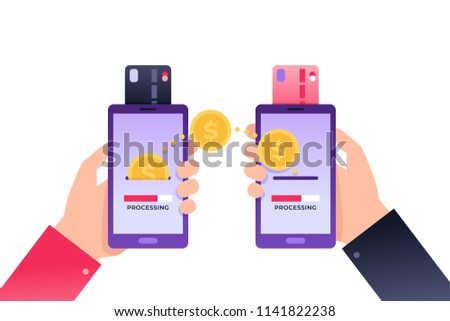 Cool ultraviolet vector contactless direct person to person payment using smart phone application and bank account credit card data. Illustration concept people using their phones as electronic wallet