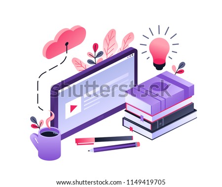 Vector concept for online education. Flat 3d isometric design. Online training courses, retraining, specialization, tutorials. Can be used for web design, banners, promotional materials etc.