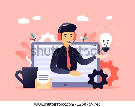 Concept customer and operator, online technical support 24-7 for web page. Vector illustration male hotline operator advises client. Online assistant, virtual help service for business