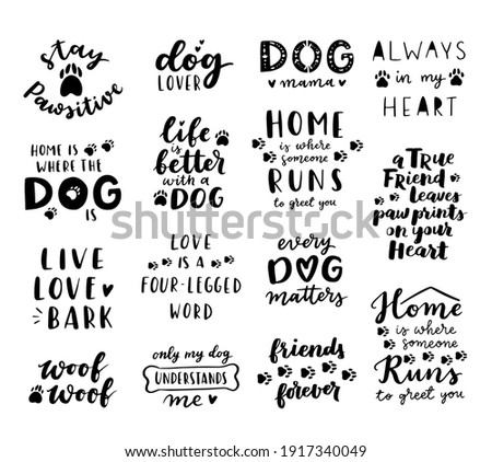 dog phrase black and white poster. Inspirational quotes about dogs. Hand written phrases about dog adoption. Adopt a dog. Saying about dogs.