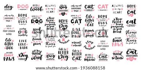 Cat and dog phrase black and white poster. Inspirational quotes about cat, dog and domestical pets. Hand written phrases for poster, cat and dog adoption lettering. Adopt a cat, dog.