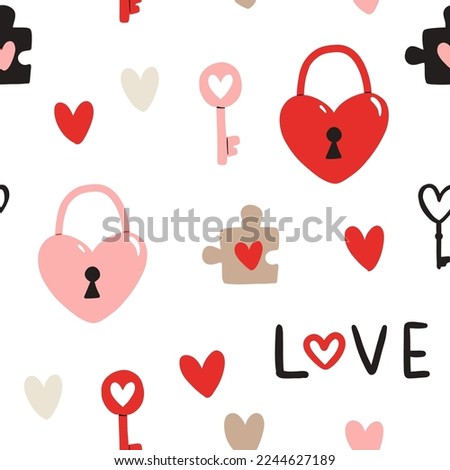 Vector seamless pattern for Valentines Day. Heart, key, heart-shaped lock and puzzle piece. Doodle illustration for wallpaper, fill web page background, surface textures