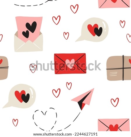 Vector seamless pattern for Valentines Day. Heart, envelope, parcel, paper plane. Doodle illustration for wallpaper, fill web page background, surface textures