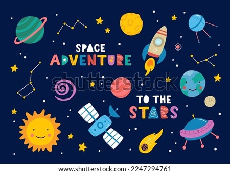 Big set of cute funny objects in space, with planets, stars, quotes, constellation, rocket, ufo and satellite. Vector illustration. Scandinavian style flat design. Concept for children print.