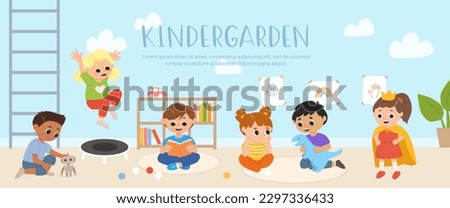 Kids play toys and games, reading books together in kindergarden. Cartoon playroom with multiracial children.