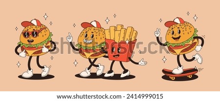 Set of fast food retro groovy cartoon character. Vintage mascot of burger with french fries, burger with hat and glasses on skateboard with happy smile. Funky street food illustration