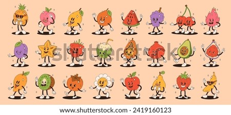 Retro groovy fruit characters. Big collection of funky happy mascots with happy smiling face.