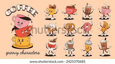 Retro groovy set with coffee mascot, cartoon characters, funny colorful doodle style characters, cappuccino, cocoa, latte, espresso and americano. Vector illustration on beige isolated background.