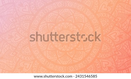 Round mandala on dreamy peach fuzz gradient background. Translucent mesh pattern in the form of a mandala. Mandala with floral patterns. Pastel Yoga template.