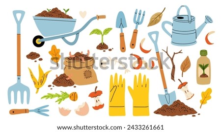 Set of cartoon flat icons. Organic composting theme. Garden tools, bag of compost, ground, food garbage. Illustration of bio, organic fertilizer, compost, agronomy. Colored vector isolated design