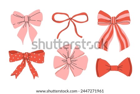 Set of various bows, gift ribbons. Bowknots in hand-drawn and flat styles. Fashionable vector illustration. Hair accessory. Bow knots for gift wrapping