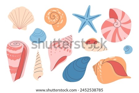 Sea shell cartoon set. Ocean exotic underwater seashell conch aquatic mollusk, sea spiral snail collection. Tropical beach shells. Modern flat style isolated on white background. Vector illustration