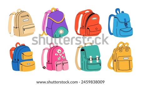 Set of different school backpack and schoolbag. Back to school, collection of children bags. Hand drawn vector illustration isolated on white background. Modern flat cartoon style