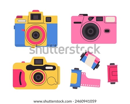 Retro film photo camera isolated on white background. Old vintage analog disposable photo camera. Hand-drawn colored flat vector illustration