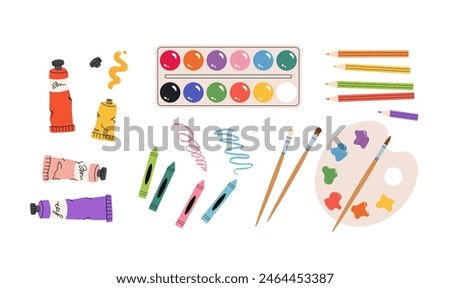 Painting tools elements vector set, cartoon style. Art supplies: paint tubes, brushes, pencil, watercolor, palette. Trendy modern vector illustration isolated on white, hand drawn, flat design.